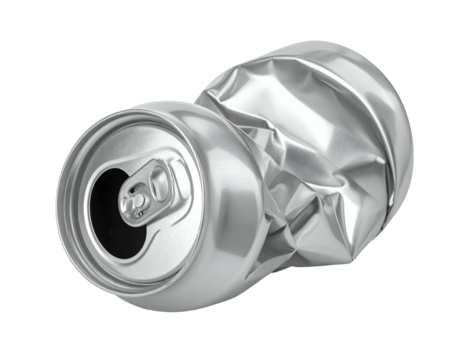 Close-up of a crushed, metallic, beverage container. The can shows heavy deformation