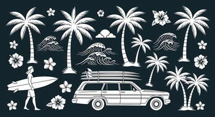 A collection of vintage-style surfing and tropical beach elements, including palm trees, waves, a surfer, and a classic car.