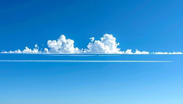 Vast expanse of brilliant blue sky filled with fluffy white cumulus clouds and a distant contrail creating a serene atmospheric backdrop for your next project.