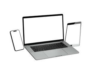 Modern workspace scene featuring laptop, smartphone, and tablet with blank white screens (1)
