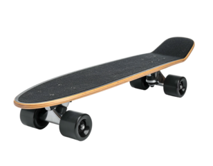 Skateboard on a black background, showing the top with grip tape, wheels, and trucks