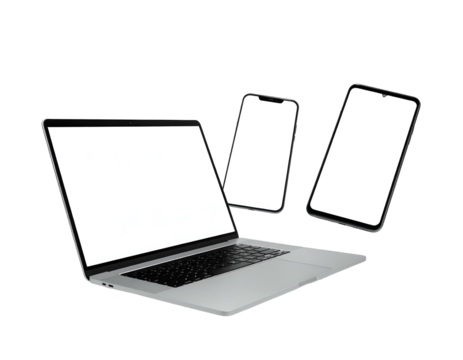 Three modern tech devices laptop, smartphone, and tablet, with white screens, isolated