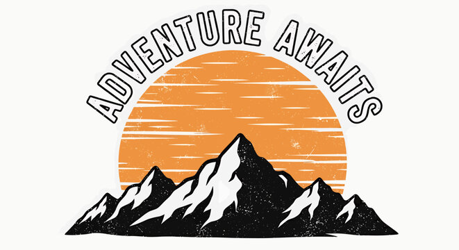 Retro graphic design with snowy mountains, an orange sun, and the phrase 'Adventure Awaits'. - Powered by Adobe