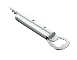 Shiny, metallic, multi-purpose tool featuring a corkscrew and bottle opener