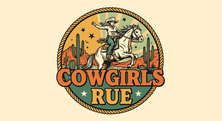 Vintage western emblem of a cowgirl riding a rearing horse in a desert landscape.