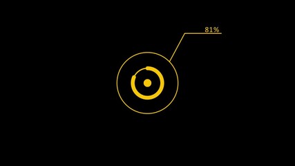 Digital loading icon animation 100% circle animation. percentage pie chart with dynamic visualization. 100% circle round donut chart infographic on black background.