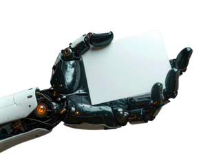 Futuristic cybernetic arm displaying blank card for technology and innovation design 