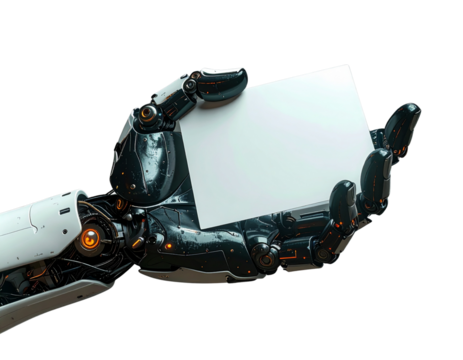 Futuristic cybernetic arm displaying blank card for technology and innovation design 