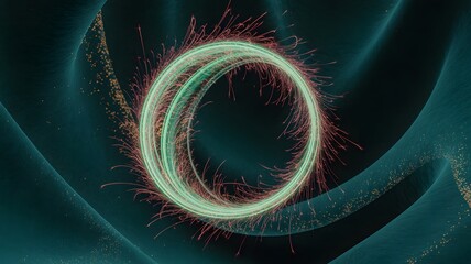 A luminous ethereal green oval portal pulsates with vibrant energy and scattered sparks against a dark swirling abstract background