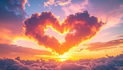 Fototapeta premium Stunning heart shaped cloud formation glows with vibrant sunset light, a perfect symbol of love, romance, and hope