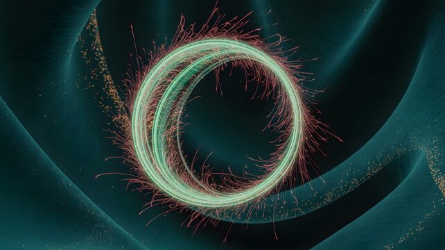 A luminous ethereal green oval portal pulsates with vibrant energy and scattered sparks against a dark swirling abstract background