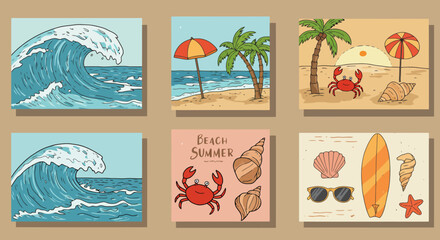 Fototapeta premium Collection of beach and ocean themed illustrations for summer.