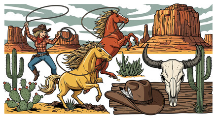 Cowgirl with lasso, two horses, desert landscape, cactus, skull, and cowboy hat.