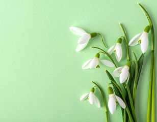Obraz premium Delicate white snowdrop flowers with green stems arranged on a bright pastel background white petals