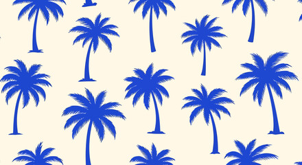Blue palm tree silhouettes create a seamless tropical pattern on a light background, perfect for summer designs.