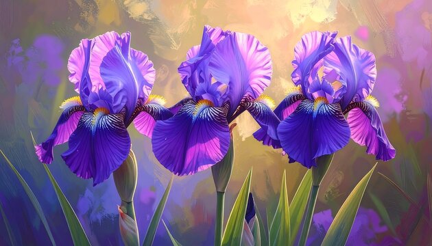 Three purple irises bathed in soft sunlight, painterly style