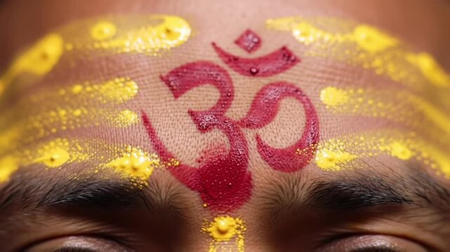 sacred om symbol painted on forehead of devotee