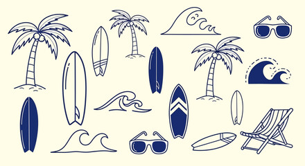 Beach themed doodle illustration with palm trees, surfboards, waves, sunglasses and a beach chair.
