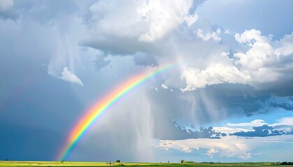Vibrant rainbow arcs across dramatic stormy sky over a vast green landscape promising hope and new beginnings after a powerful weather event.