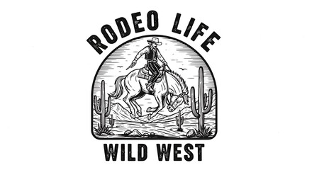 A vintage black and white emblem showing a cowboy riding a bucking bronco, with 'Rodeo Life Wild West' text.
