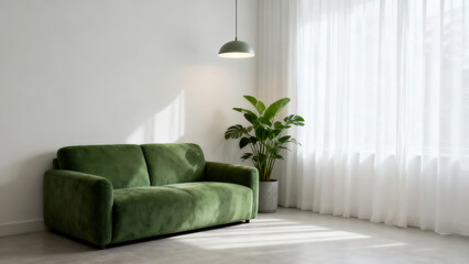 Modern Minimalist Green Sofa Living Room with Plants