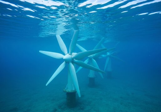 Marine turbine blades rotating underwater generating renewable energy, blue ambient light, illuminated by shafts of sunlight