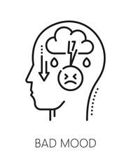 Bad mood mental health, psychology line icon or sign. Cognitive disorder problem linear vector icon, psychology pictogram. Mental health sign with head silhouette and thunderstorm cloud, sad emoji