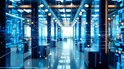 High-tech server room interior with glowing blue lights and digital network connections visualizing a futuristic big data and technology concept - Powered by Adobe