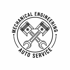 Mechanical engineering and auto service logo featuring crossed pistons and wrenches in a circular design.