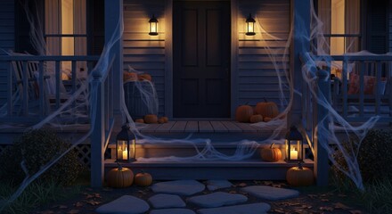 Fototapeta premium Halloween Porch Decorated with Pumpkins Cobwebs and Lit Lanterns at Night