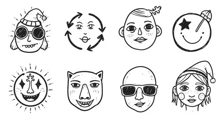 Collection of eight unique hand-drawn faces with diverse expressions and styles.