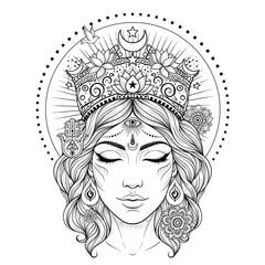 Illustration of a woman wearing a traditional Native American headdress with intricate feather details and closed eyes.