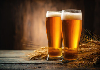 Two tall glasses of golden beer with frothy heads on rustic wooden table beside wheat stalks