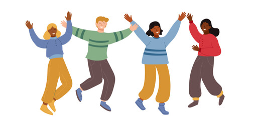 Young happy people isolated on white. Happiness and celebration concept. Vector flat clipartsFlat vector illustration of a diverse group of happy young people jumping and smiling.