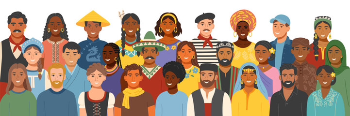 Flat vector illustration of a diverse group of people from different cultures wearing traditional clothing. Concept of equality, cultural diversity, friendship, inclusion. Vector template.