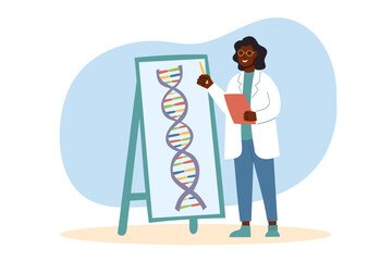 Female scientist explaining DNA structure. Concept of genetics, science, biotechnology and STEM education concept. Vector flat illustration isolated on white.