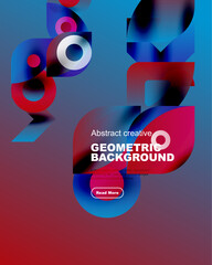 Vibrant geometric shapes overlap, creating dynamic abstract background. Text promotes creative design, includes call to action.