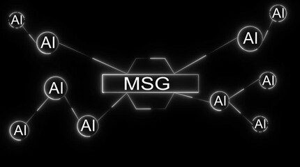 Artificial Intelligence network communication concept A I nodes connected to central M S G hub glowing neon lines on black background digital technology data transfer abstract visualization - Powered by Adobe