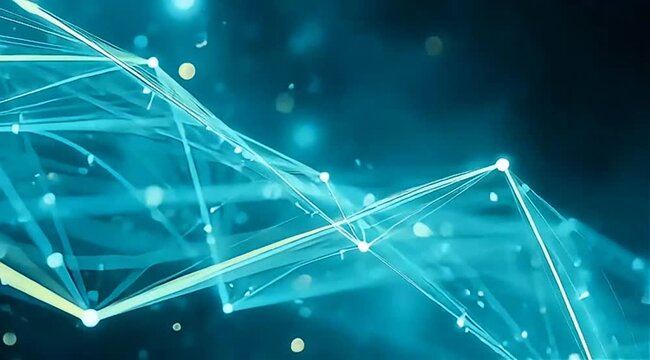 Abstract interconnected glowing lines and nodes forming a digital network or data visualization on a dark blue background with bokeh lights