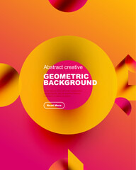 Vibrant abstract composition. Overlapping circles create dynamic geometric background with text, button. Warm color gradients dominate design.