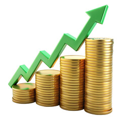 Financial growth chart with gold coin stacks and upward arrow symbol
