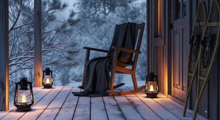 Inviting Porch Scene with Rocking Chair Lit Lanterns and Snowshoes in Winter Wonderland