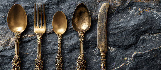 A banner with golden cutlery on a black stone table, representing a table setting for Christmas or New Year. It can be used as a card, menu template, or for any other purpose. has copy space and