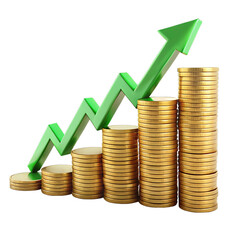 Rising stacks of gold coins with green arrow showing financial growth