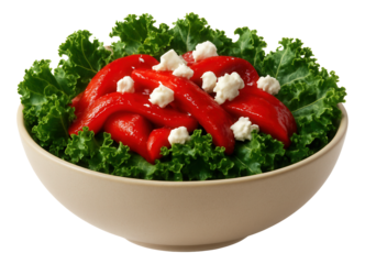 A bowl of kale salad topped with roasted red peppers and crumbled feta cheese.