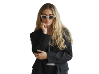 Fashionable woman with blonde hair and white sunglasses poses confidently in studio