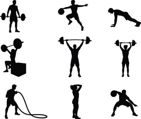 Fitness workout silhouettes, gym training poses, strength exercise icons, barbell lifting, medicine ball drills, battle ropes, plank position, overhead press, conditioning movements