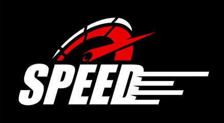 Race car, motocross motorsport sticker or tag. Racing championship patch, rally or bike motocross decal vector sticker. Car race competition tag with speedometer gauge and arrow, speed typography