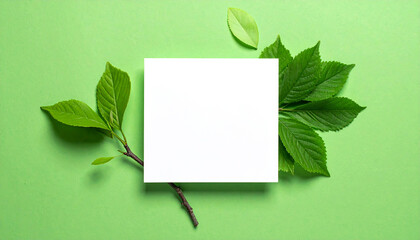 Green leaves twig white paper card on pastel green background image