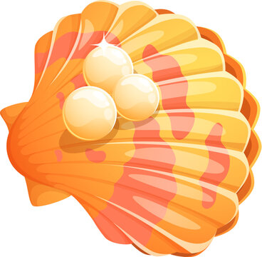 Cartoon marine yellow pearl shell or oyster clam. Underwater life valuable isolated vector pearl shell, marine rare seashell. Sea bottom precious oyster clam or ocean nature jewelry scallop mollusk